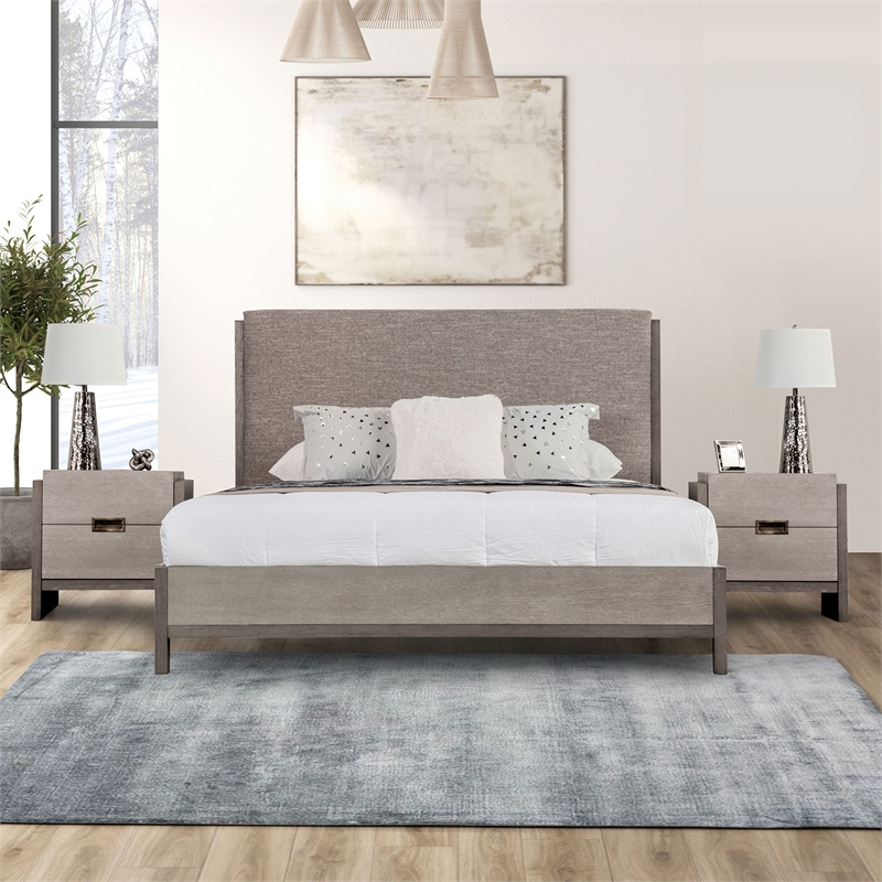 FOA Yasgard 3-Piece Gray Solid Wood Bedroom Set - King + 2 Nightstands