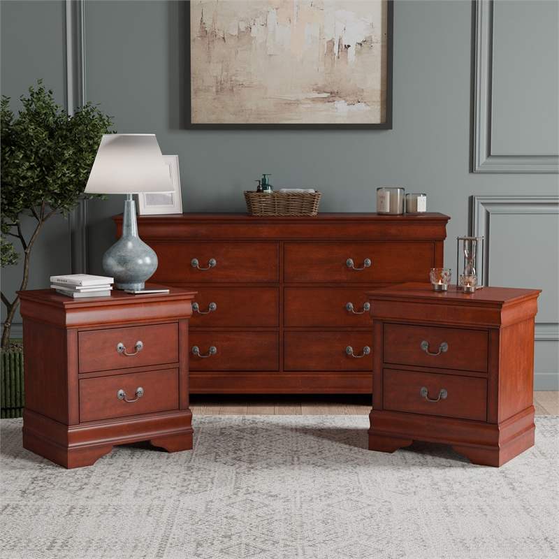 Furniture of America Arabella Wood 3-Piece Nightstand and Dresser Set in Cherry