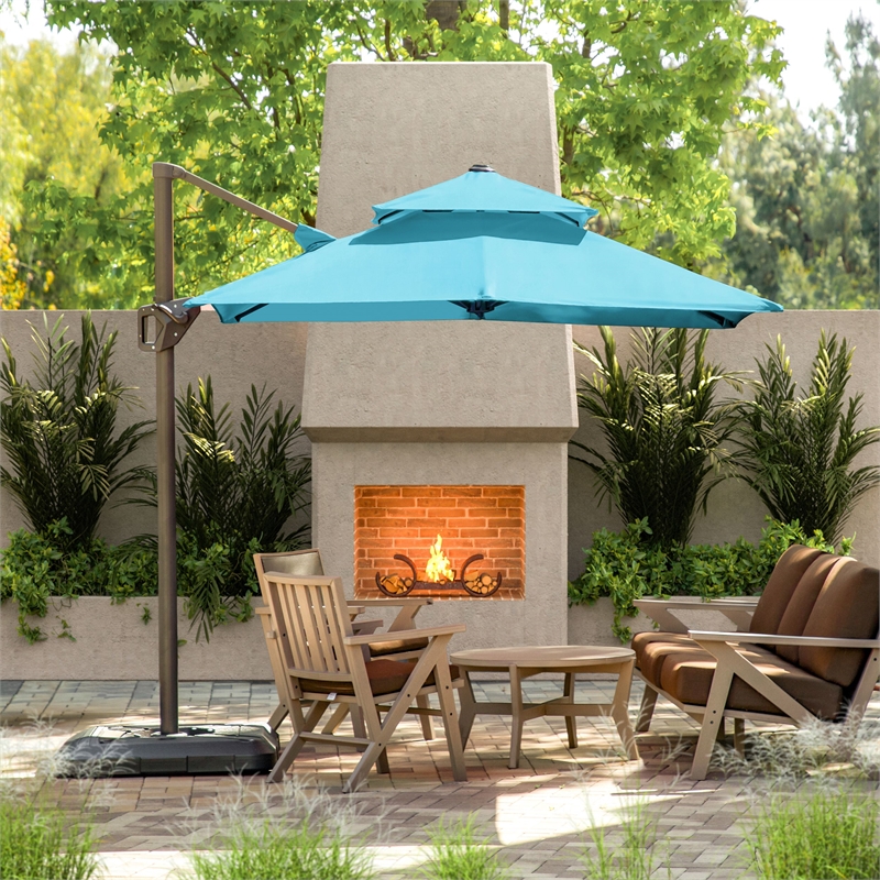 Furniture of America Maynard Polyester 8' Double Top Square Umbrella in Teal