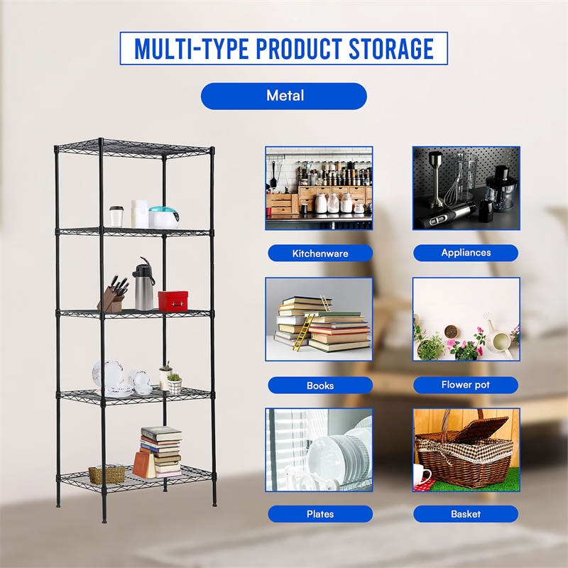 Furniture of America Nigel Metal 5-Tier Wire Shelving Rack in Black