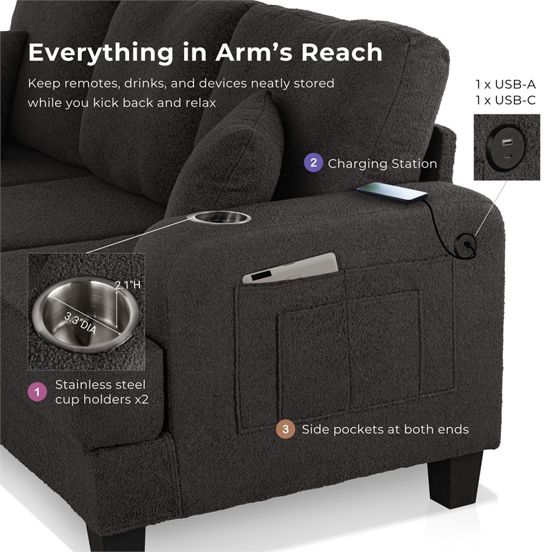 Furniture of America Reese Fabric Beige Sofa with Cup Holders and USBs