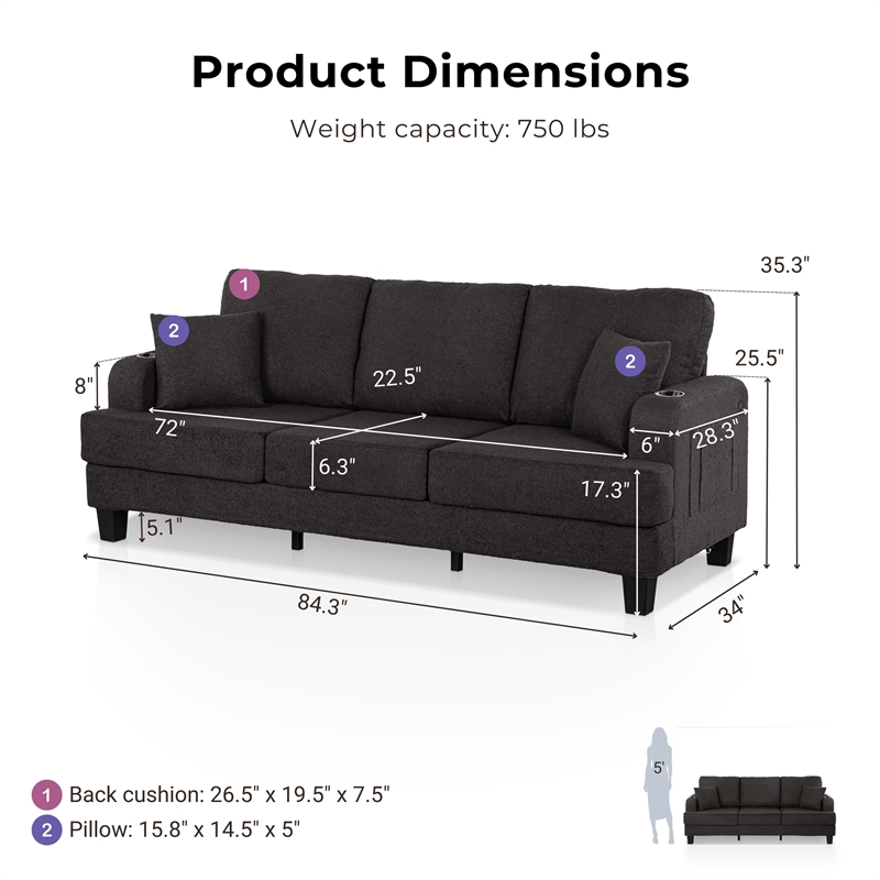 Furniture of America Reese Fabric Dark Gray Sofa with Cup Holders and USBs