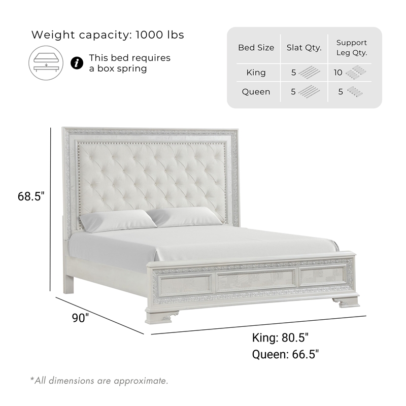 Furniture of America Gelbero White Wood King Bed with Upholstered Headboard