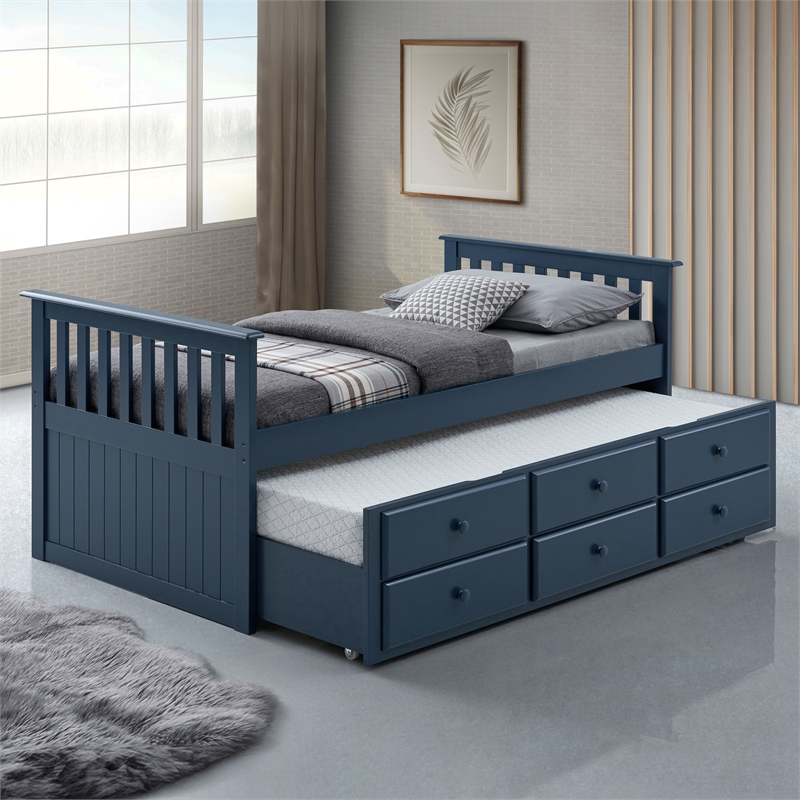 Furniture of America Aurelia Wood Twin Captain Bed with Trundle in Blue