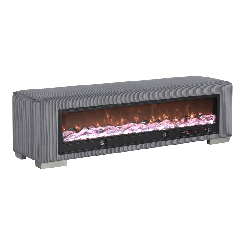 Furniture of America Alson Gray Fabric Bench with Fireplace and Bluetooth Audio