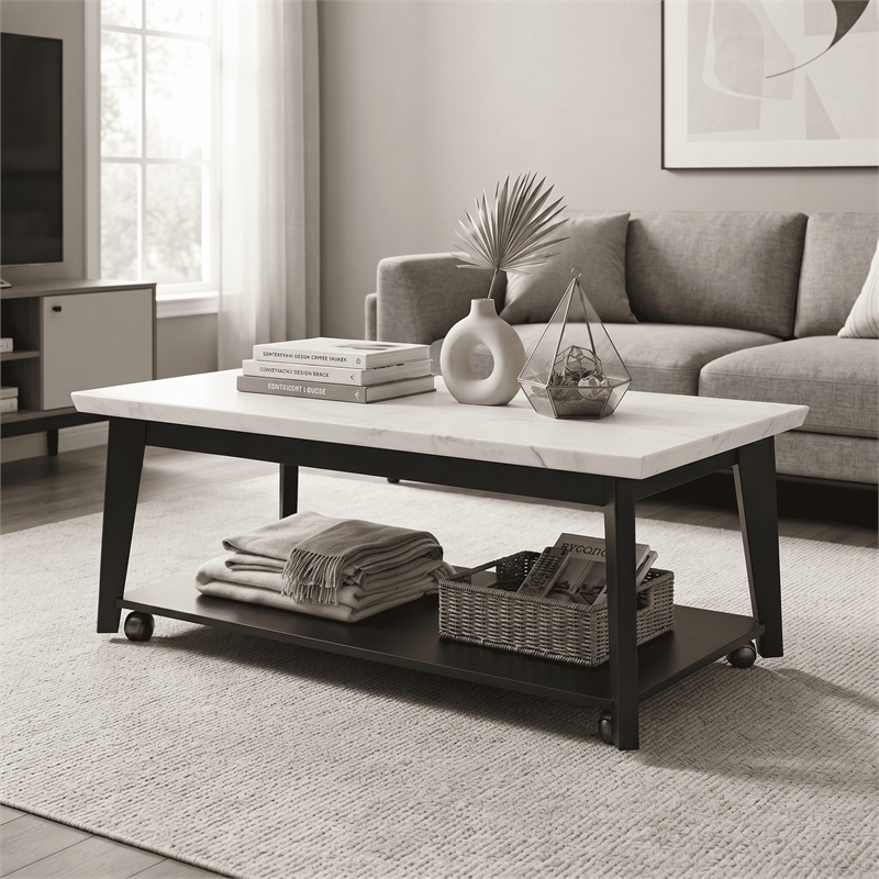 Furniture of America Isolde Wood and Marble Rectangle Coffee Table in White