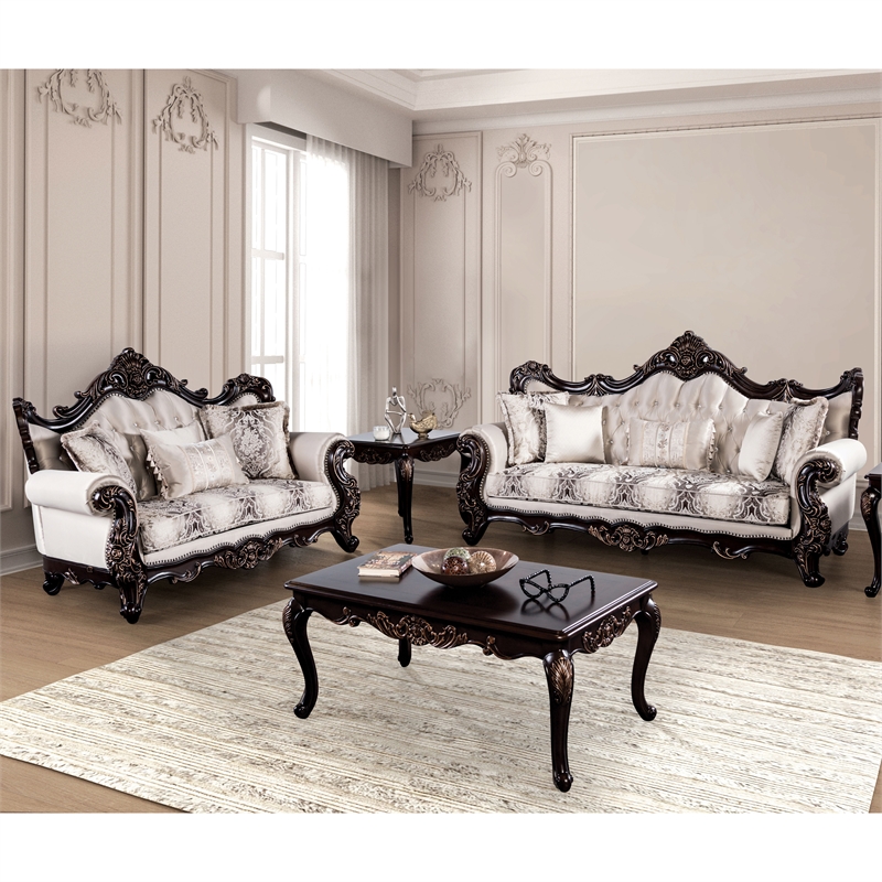 Furniture of America Zephyra Tufted Beige Fabric 2-Piece Sofa Set in Dark Cherry