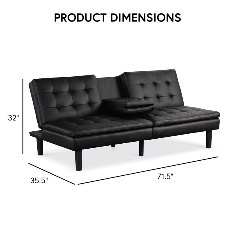 Furniture of America Fallein Black Faux Leather Futon Sofa Bed with USB Ports