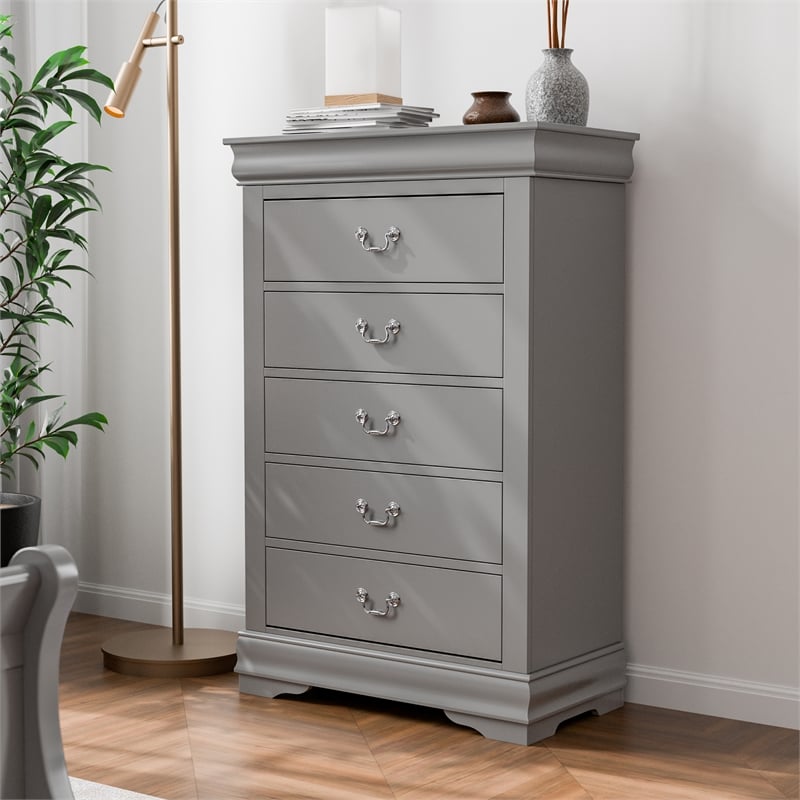 Furniture of America Toni Wood Dovetail 5-Drawer Chest in Gray