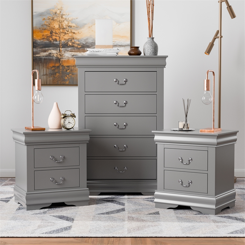 Furniture of America Toni Wood 3-Piece Nightstand and Chest Set in Gray
