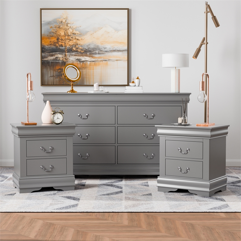 Furniture of America Toni Wood 3-Piece Nightstand and Dresser Set in Gray