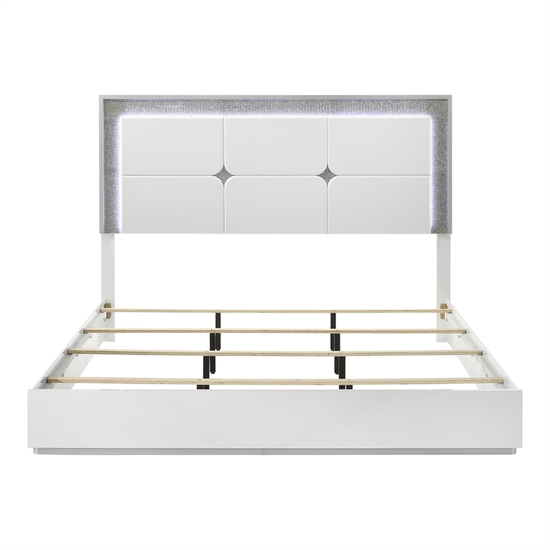 Furniture of America Quince Solid Wood Queen Bed with LED Headboard in White
