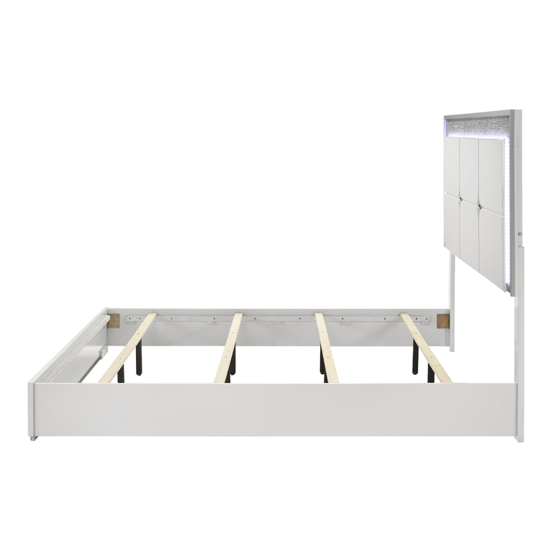 Furniture of America Quince Solid Wood Queen Bed with LED Headboard in White