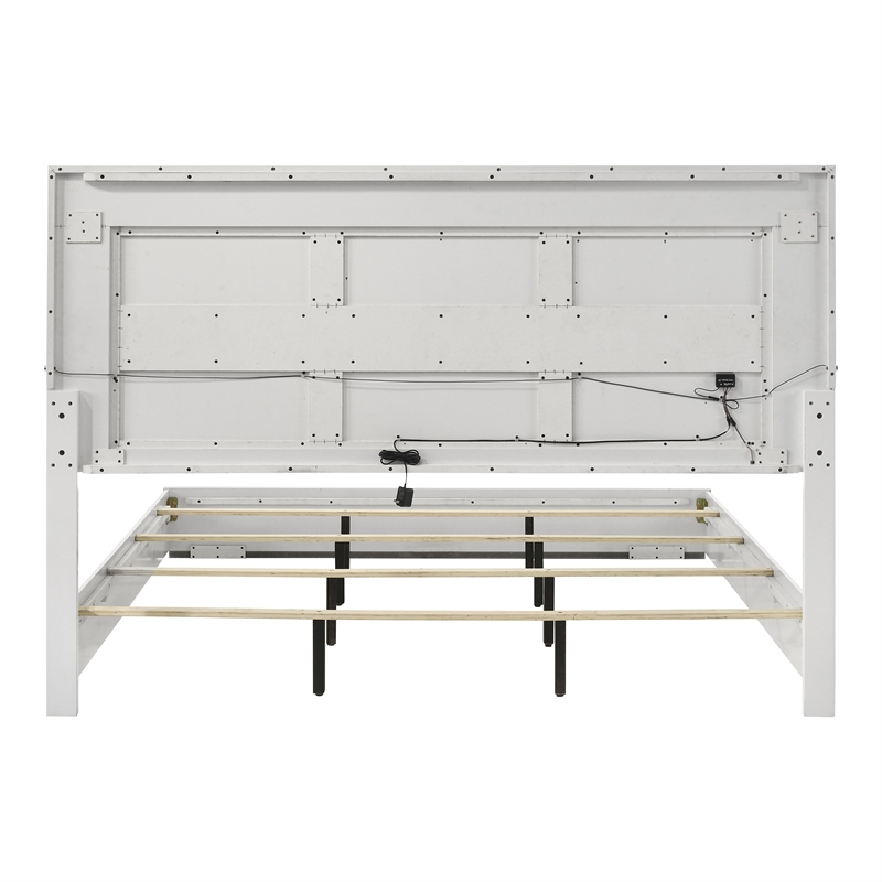 Furniture of America Quince Solid Wood Queen Bed with LED Headboard in White