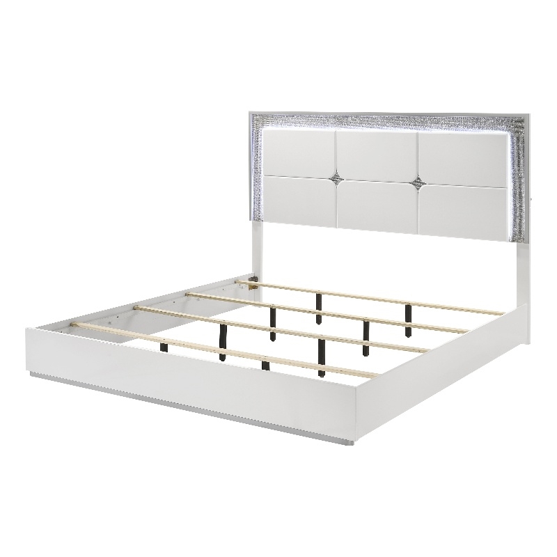 Furniture of America Quince Solid Wood Queen Bed with LED Headboard in White