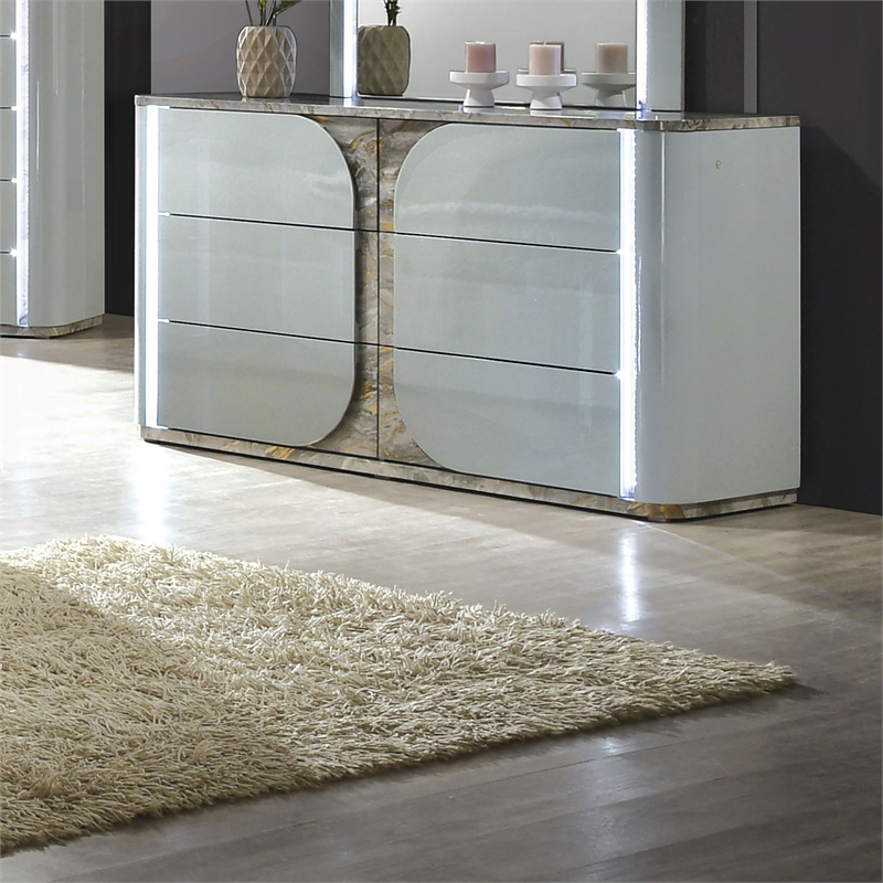 Furniture of America Bruna Solid Wood 6-Drawer Dresser with LED in Light Gray