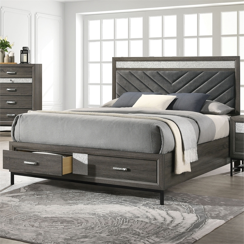 Furniture of America Kindering Fabric 2-Drawer King Bed with Metal Leg in Gray