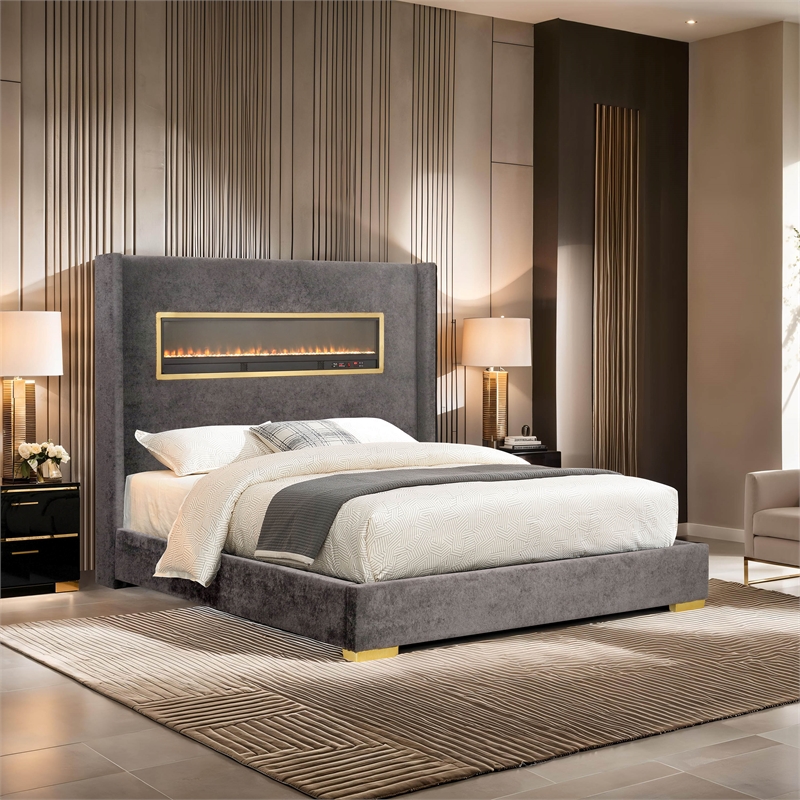 Furniture of America Calliope Wood 3D Fireplace Bluetooth USB Queen Bed in Gray