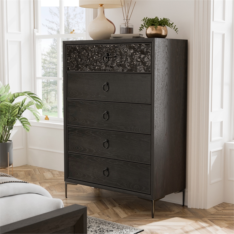 Furniture of America Glint Solid Wood Dovetail 5-Drawer Chest in Espresso