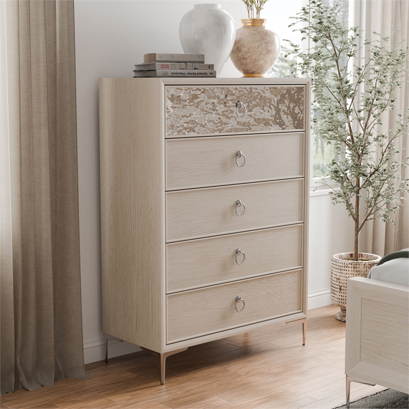Furniture of America Glint Solid Wood Dovetail 5-Drawer Chest in Oak