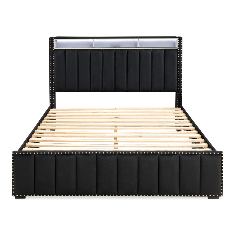 Furniture of America Regan Fabric Storage Queen Bed with LED and USB in Black