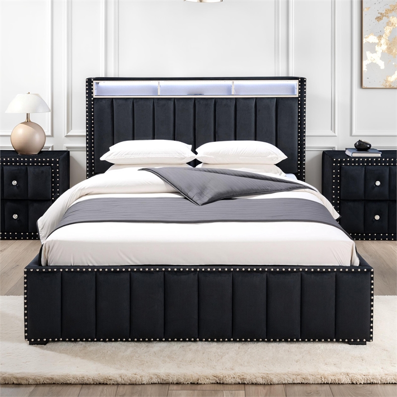 Furniture of America Regan Fabric Storage Queen Bed with LED and USB in Black