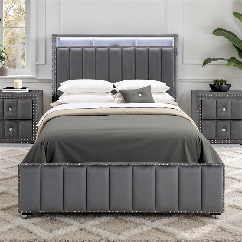 Furniture of America Regan Fabric Storage Queen Bed with LED and USB in Gray