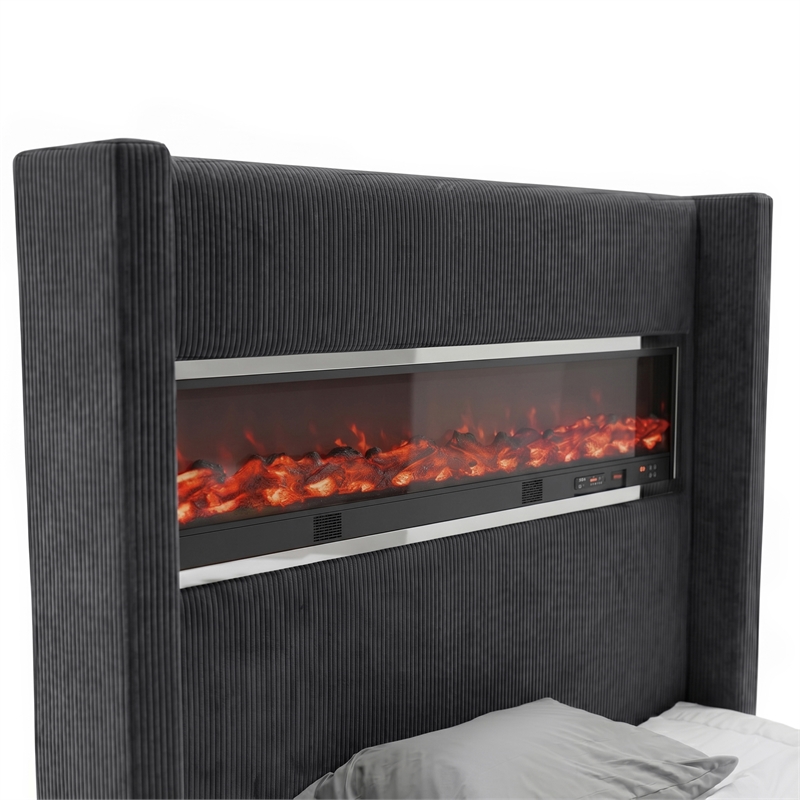 Furniture of America Jolyon Wood 3D Fireplace Bluetooth USB Queen Bed in Black