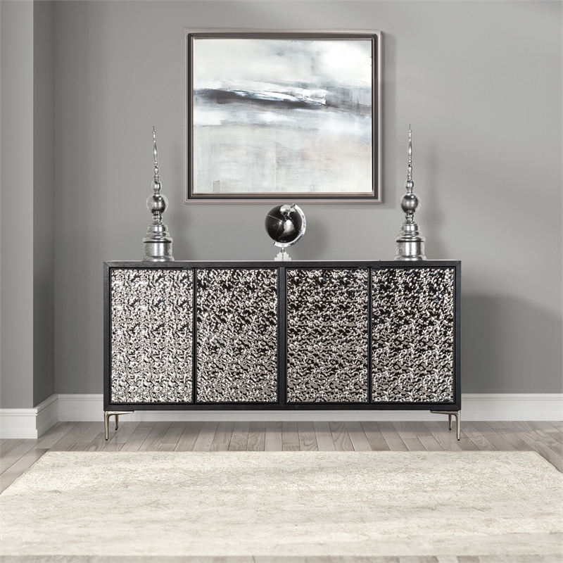 Furniture of America Meinter Wood Stainless Steel Door Panel Server in Black