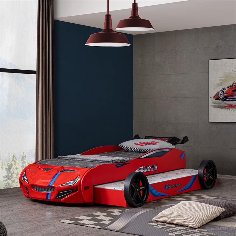 Furniture of America Redvers Wood Race Car Design Twin Kid Bed in Red