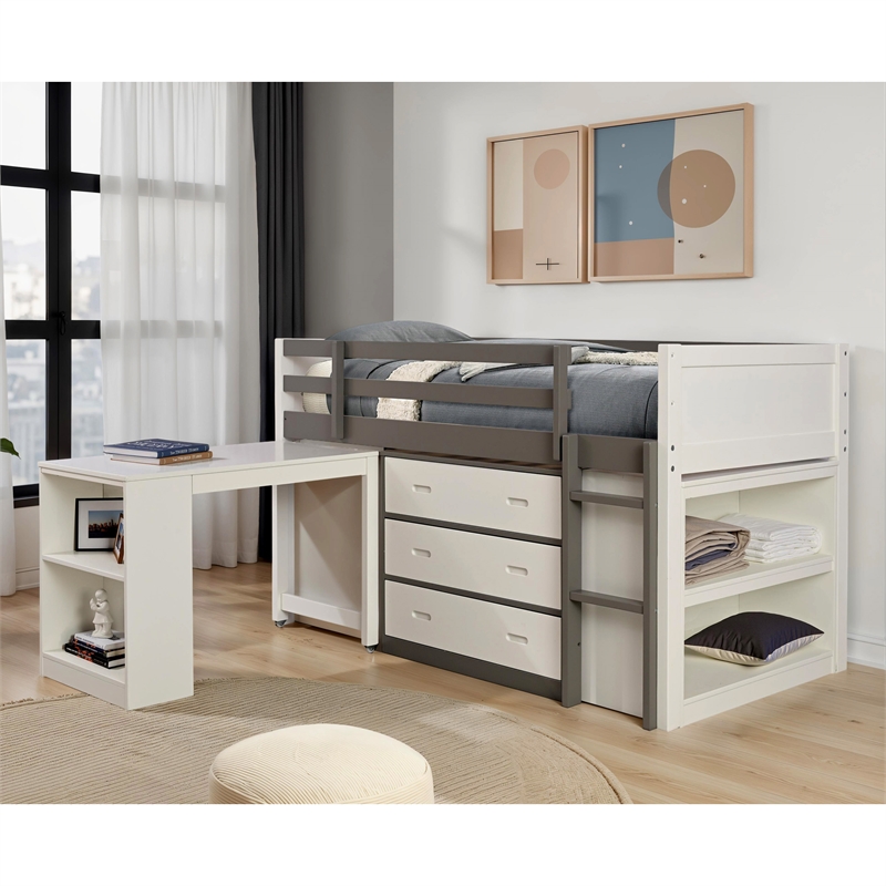 Furniture of America Aveni Solid Wood Twin Loft Bed with Side Ladder in Gray