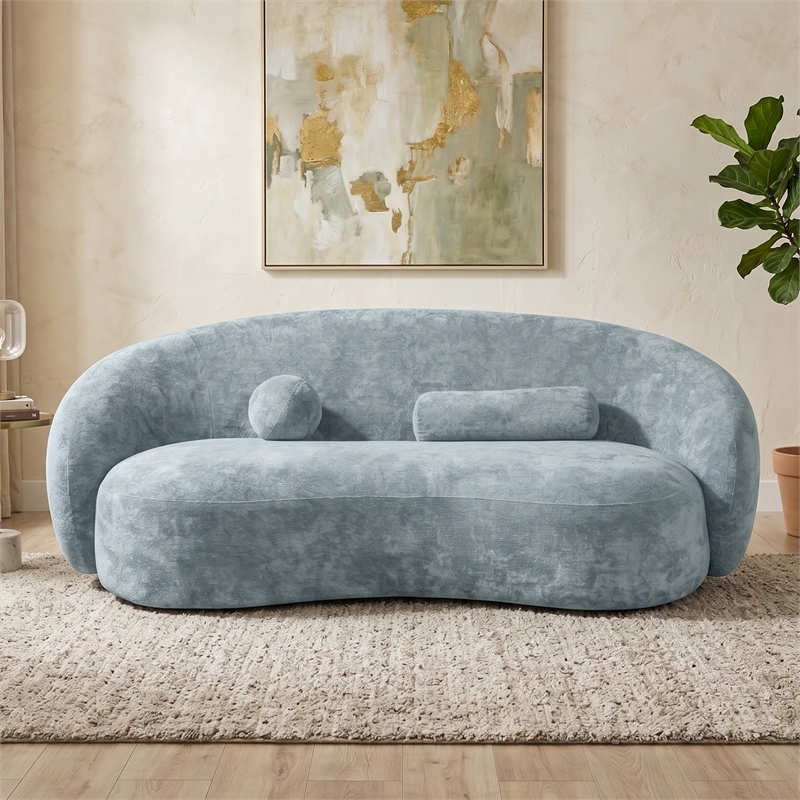 Furniture of America Sylin Chenille and Wood Sculpted Silhouette Sofa in Blue