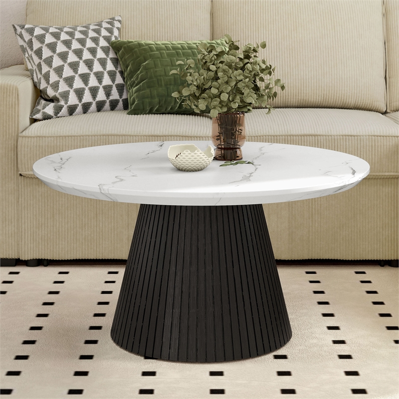 Furniture of America Coraly Faux Marble Top and Wood Round Coffee Table in Black
