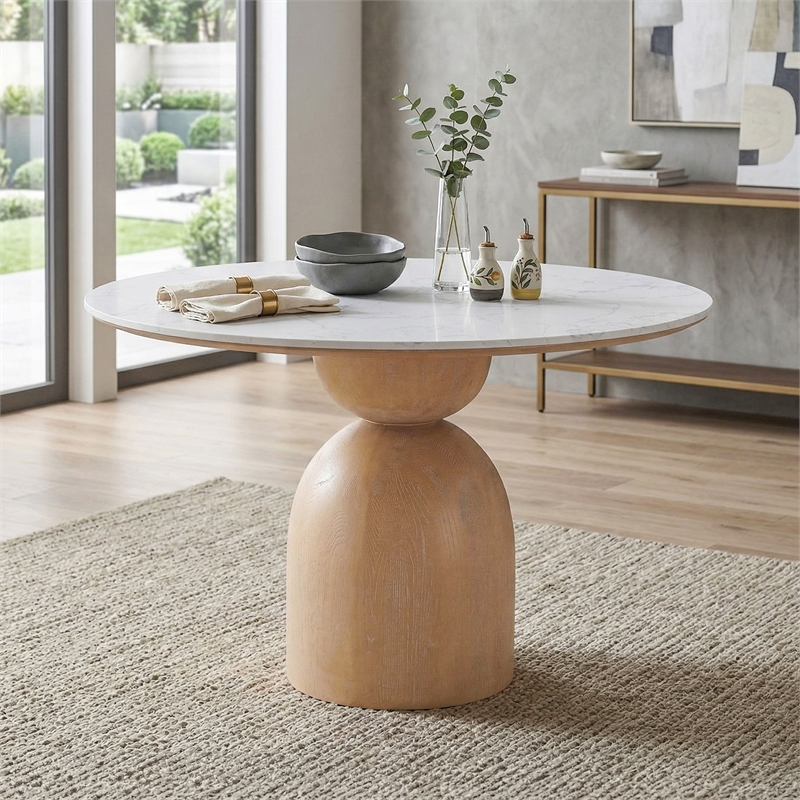 Furniture of America Sonya Wood and Faux Marble Top Round Dining Table in Brown