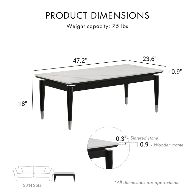 Furniture of America Miranda Sintered Stone Top and Wood Coffee Table in Black