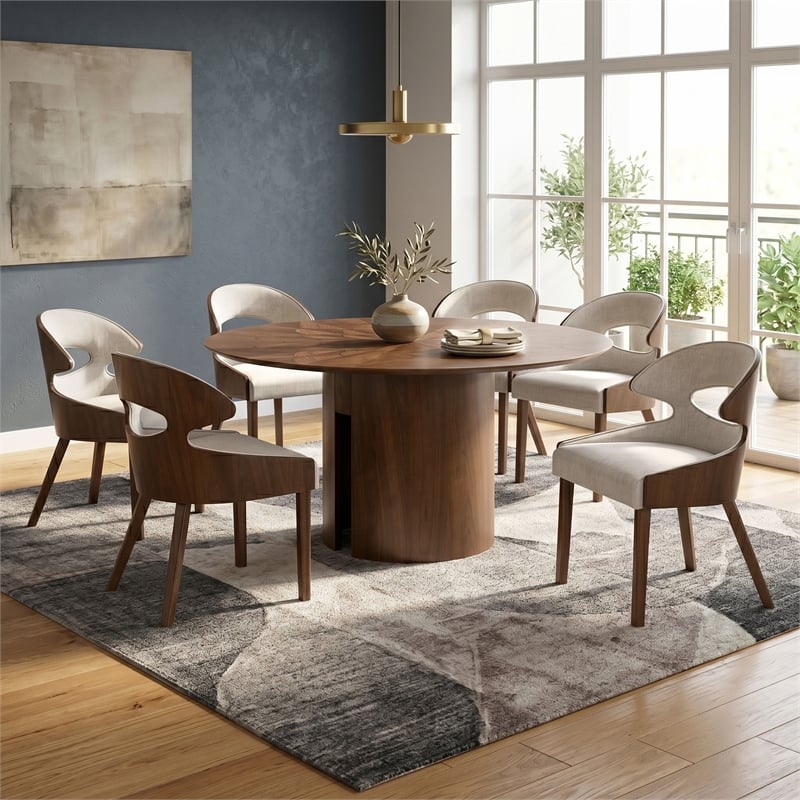 Furniture of America Lefevia Solid Wood 7-Piece Round Dining Table Set in Walnut