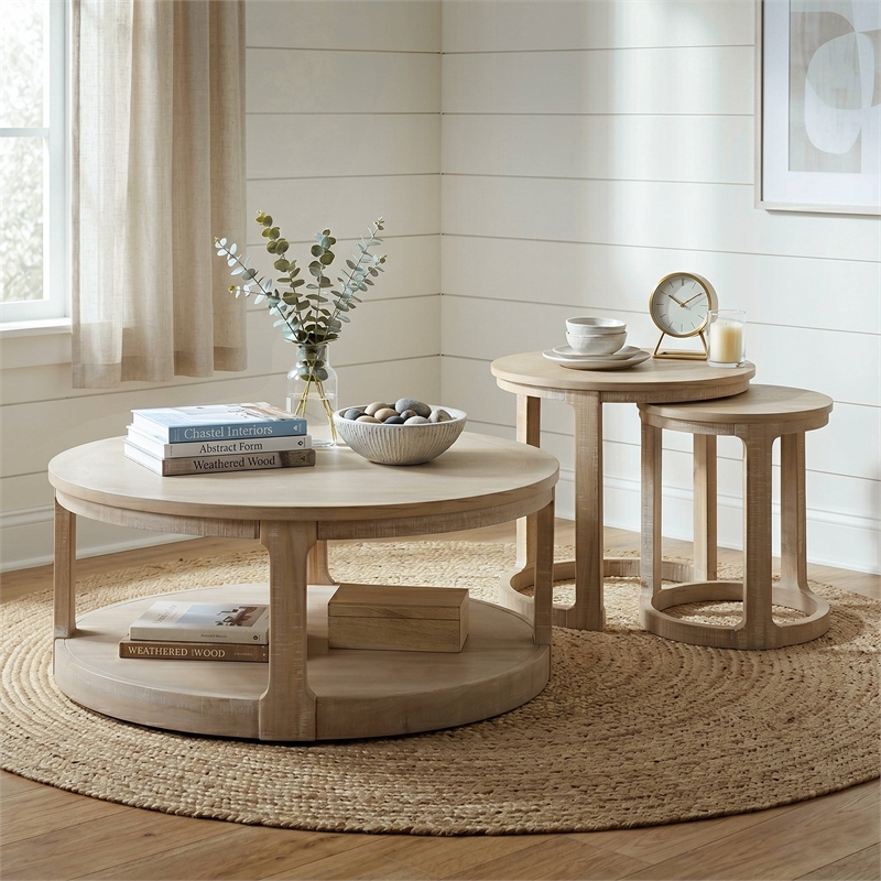 Furniture of America Wodela Solid Wood 2-Piece Coffee Table Set in Natural