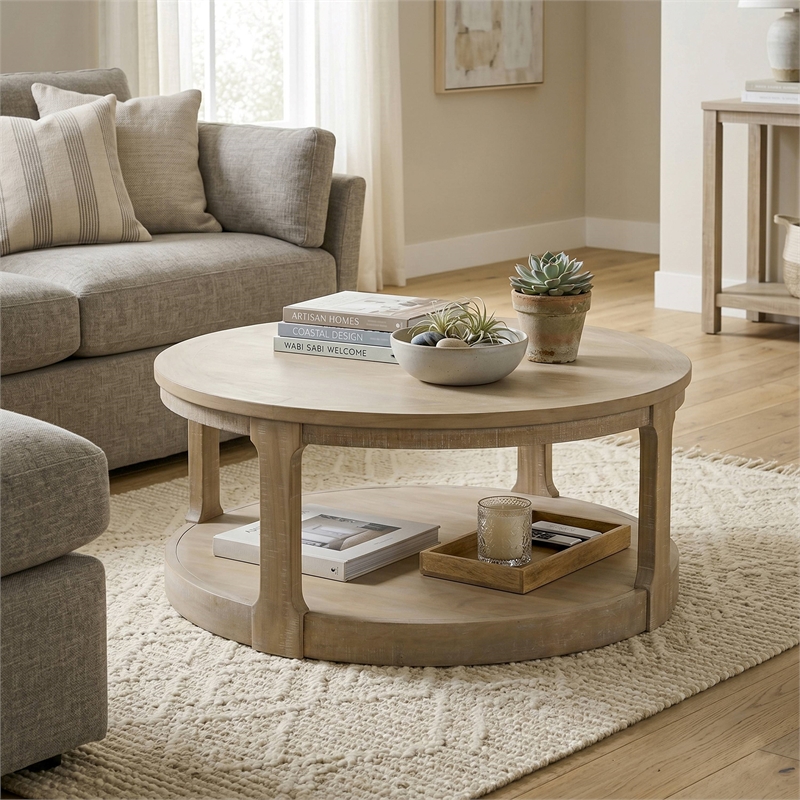 Furniture of America Wodela Solid Wood Coffee Table with Lower Shelf in Natural