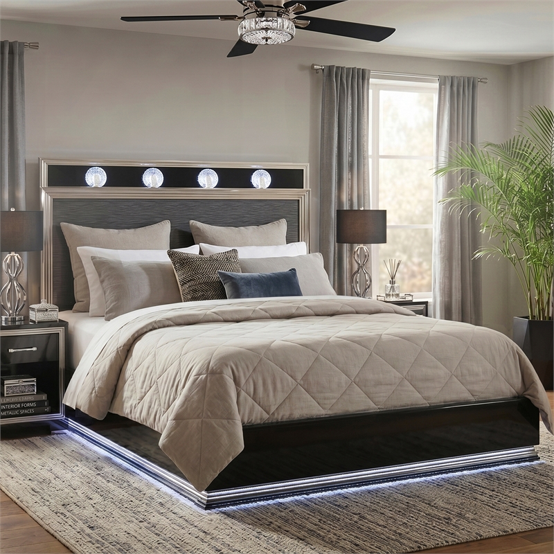 Furniture of America Elvor Solid Wood LED King Platform Bed in Dark Gray