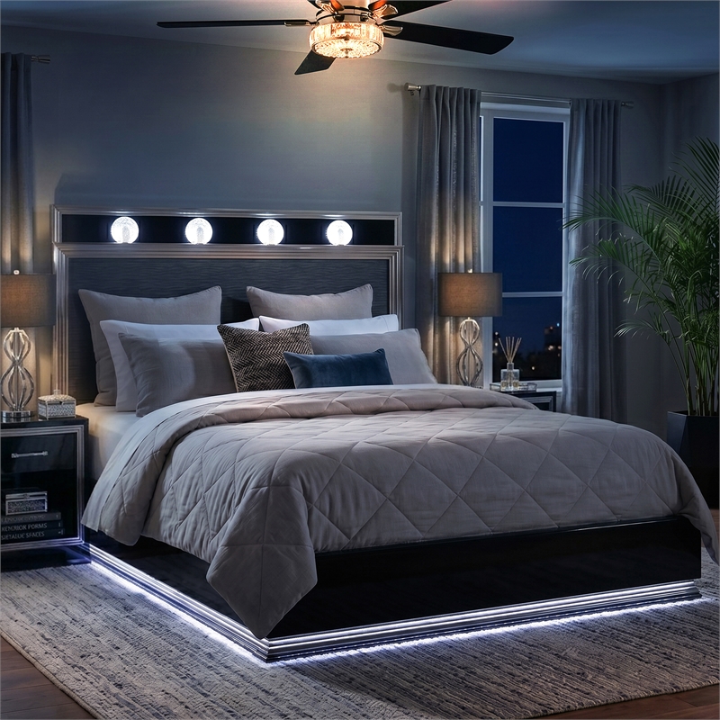 Furniture of America Elvor Solid Wood LED King Platform Bed in Dark Gray