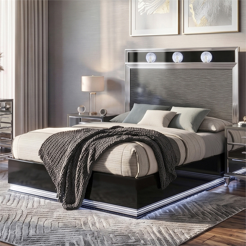 Furniture of America Elvor Solid Wood LED Queen Platform Bed in Dark Gray