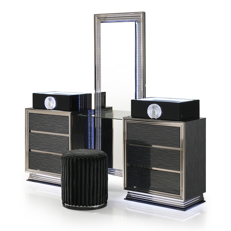 Furniture of America Elvor Solid Wood LED 2-Piece Vanity Set with Stool in Gray