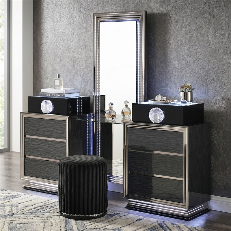 Furniture of America Elvor Solid Wood LED 2-Piece Vanity Set with Stool in Gray
