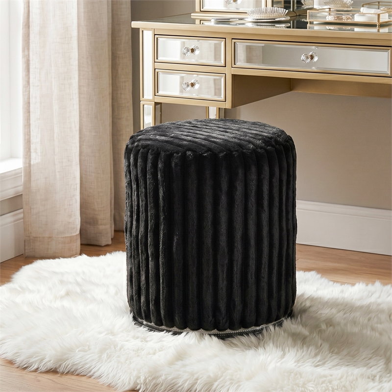 Furniture of America Elvor Solid Wood and Fabric Channeled Vanity Stool in Black