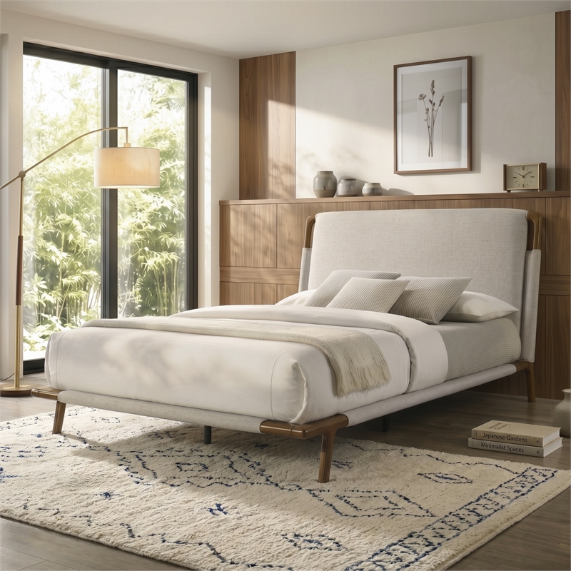 Furniture of America Zeli Wood Upholstered Fabric King Platform Bed in Beige