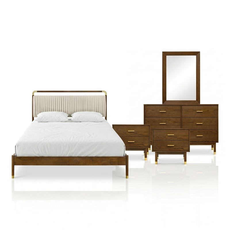 Furniture of America Korva Solid Wood Twin 5-Piece Bedroom Set in Walnut