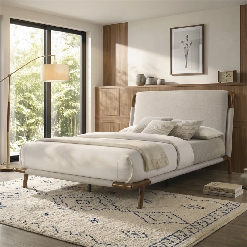 Furniture of America Zeli Wood Upholstered Fabric Queen Platform Bed in Beige