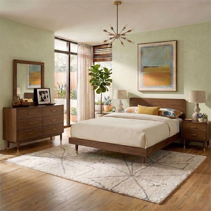Furniture of America Korva Solid Wood Queen 5-Piece Bedroom Set in Walnut