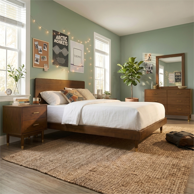Furniture of America Korva Solid Wood Full 5-Piece Bedroom Set in Walnut