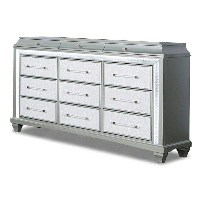 Furniture of America Gala Solid Wood LED 12-Drawer Dresser in Silver